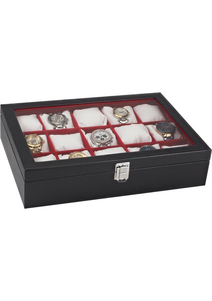 15'li Siyah Deri Ahşap Camlı Saat Kutusu ST15-49