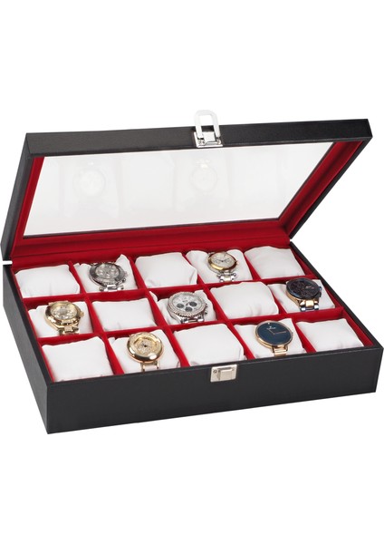 15'li Siyah Deri Ahşap Camlı Saat Kutusu ST15-49 fiyatları