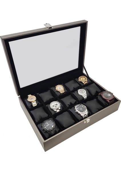 15 Li Diamond Deri Ahşap Camlı Saat Kutusu Gri Renk ST15-59