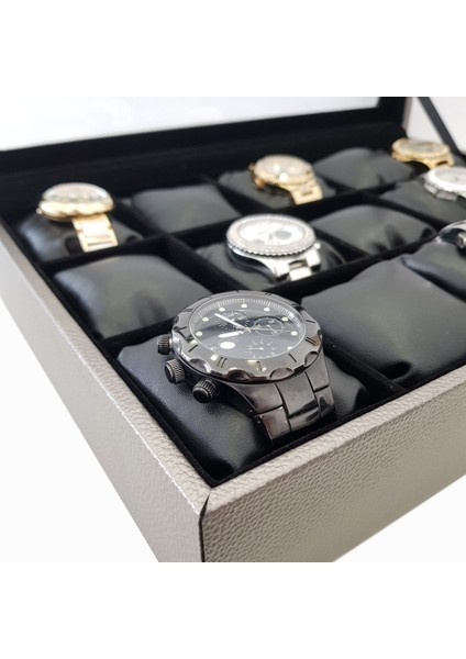 15 Li Diamond Deri Ahşap Camlı Saat Kutusu Gri Renk ST15-59