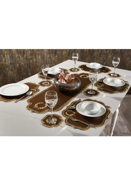 Dolce Mariee 13  Parça Amerikan Servis & Runner Set Kahve Gold