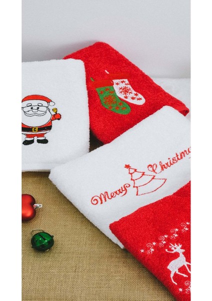 Vevien Home Happy Christmas Yılbaşı Nakışlı %100 Pamuk 50 x 90 cm 4'lü Havlu Seti