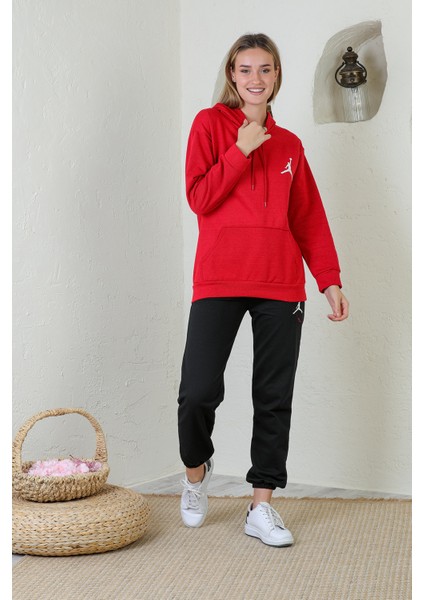 Kırmızı Baskılı Kapüşonlu Sweatshirt
