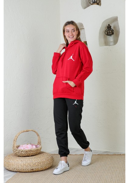 Kırmızı Baskılı Kapüşonlu Sweatshirt