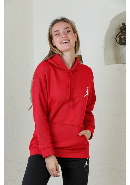 Kırmızı Baskılı Kapüşonlu Sweatshirt