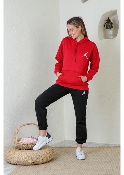 Kırmızı Baskılı Kapüşonlu Sweatshirt
