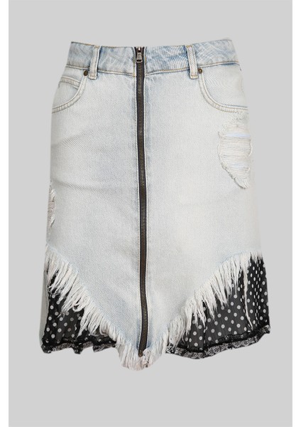 Püskül Detaylı Eskitmeli Mavi Etek