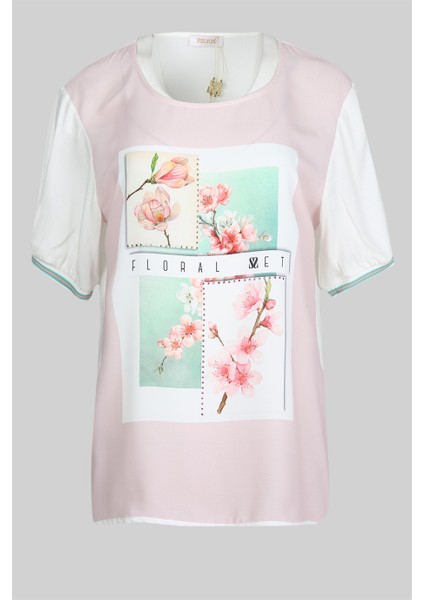 Önü Desenli Yarım Kollu Ekru Bluz