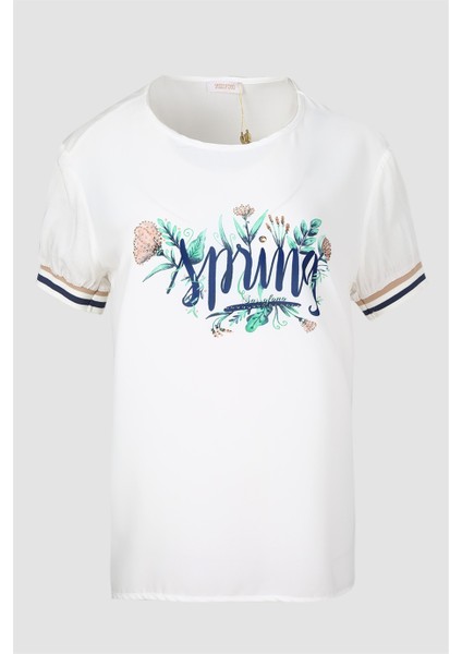 Özel Tasarım Baskılı ve Taş Detaylı Ekru T-Shirt