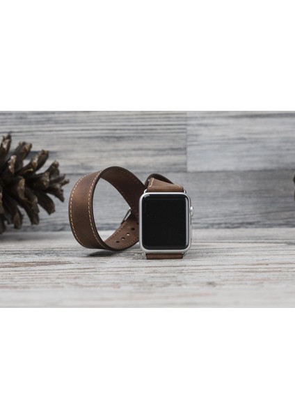 Apple Watch Uyumlu Deri Kordon 42-44-45MM Double Tour Slim G2 Kahverengi