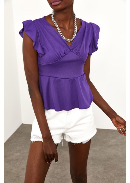 Mor Omuzları Fırfırlı Bluz 2KXK2-45670-06