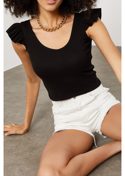 Siyah Kolları Volanlı Kaşkorse Bluz 2KXK2-45694-02 indirimleri
