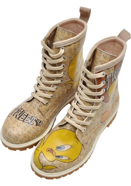 Kadın Vegan Deri Bej Uzun Bot - Warner Bros Tweety Moods Tasarım fiyatları