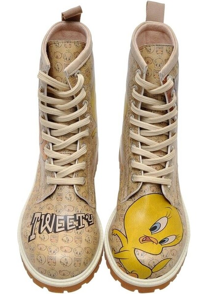 Kadın Vegan Deri Bej Uzun Bot - Warner Bros Tweety Moods Tasarım modelleri