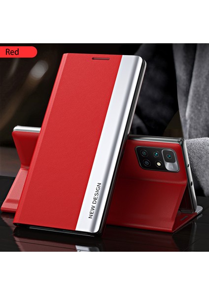 Xiaomi Redmi 10 Için Ince Flip Deri Manyetik Kılıf Kapaklı Kırmızı (Yurt Dışından)