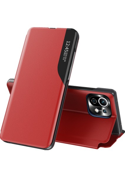 Xiaomi Mi 11 Lite Için Pu Deri Pencereli Flip Standı Koruyucu Kılıf Kırmızı (Yurt Dışından)