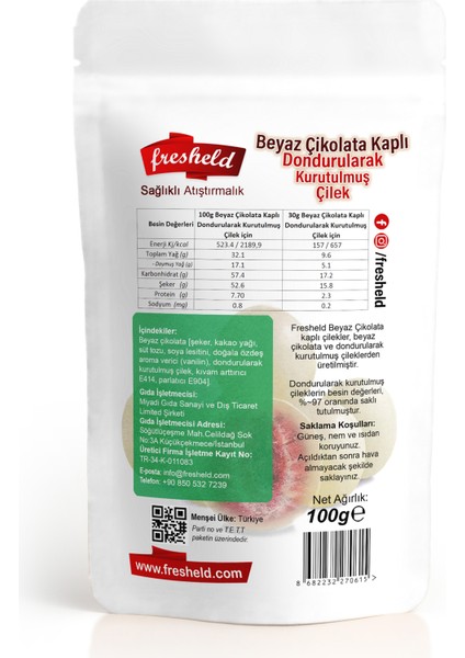 Beyaz Çikolata Kaplı Dondurularak Kurutulmuş Çilek 100gr