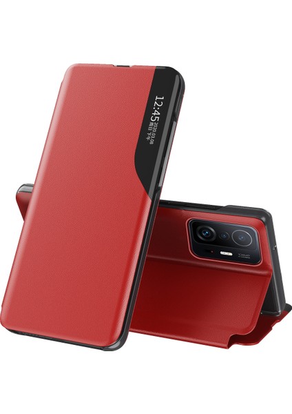 Xiaomi Mi 11T / Mi 11T Pro Için Pu Deri Pencereli Flip Standı Koruyucu Kılıf Kırmızı (Yurt Dışından)