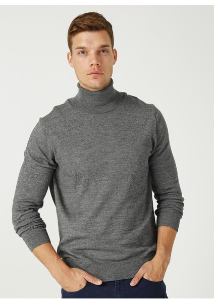 Tam Balıkçı Yaka Düz Gri Melanj Kazak