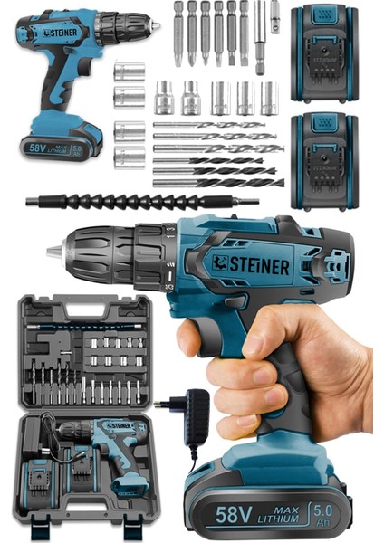 Germany Technology Kupfer Darbeli 58 V 5 Ah Çift Akülü Vidalama Matkap Mavi + 24 Parça Set