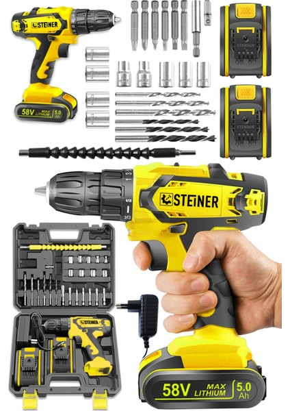 Germany Technology Kupfer Darbeli 58 V 5 Ah Çift Akülü Vidalama Matkap Sarı + 24 Parça Set