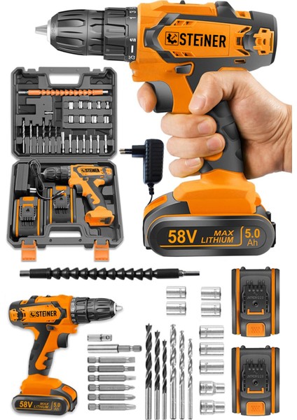 Germany Technology Kupfer Darbeli 58 V 5 Ah Çift Akülü Vidalama Matkap Turuncu + 24 Parça Set