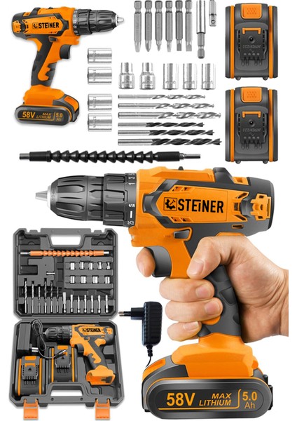 Germany Technology Kupfer Darbeli 58 V 5 Ah Çift Akülü Vidalama Matkap Turuncu + 24 Parça Set fiyatları