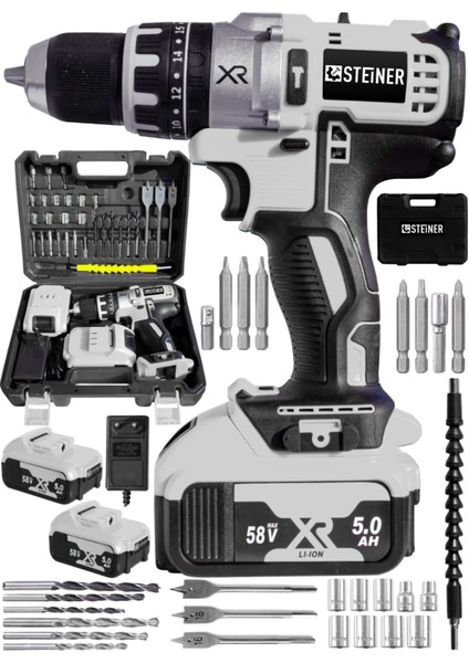 Germany Technology Darbeli 58 V 5 Ah Gri Xr Li-Ion Çift Akülü Şarjlı Vidalama Matkap + Pro Set