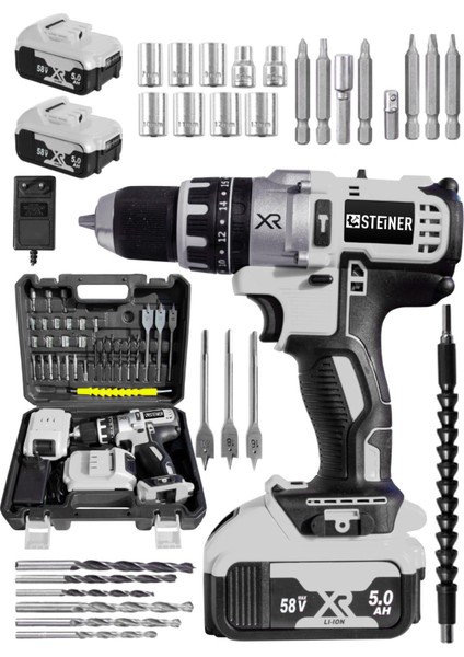 Germany Technology Darbeli 58 V 5 Ah Gri Xr Li-Ion Çift Akülü Şarjlı Vidalama Matkap + Pro Set