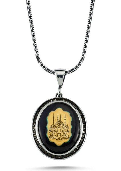Kehribar Taşlı Camii Işlemeli 60 cm 925 Gümüş Kolye