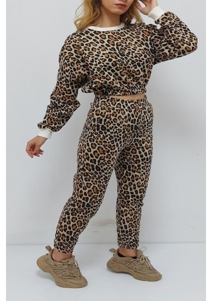 Yuvarlak Yaka 3 Iplik Içi Tüylü Eşofman Takımı Leopar