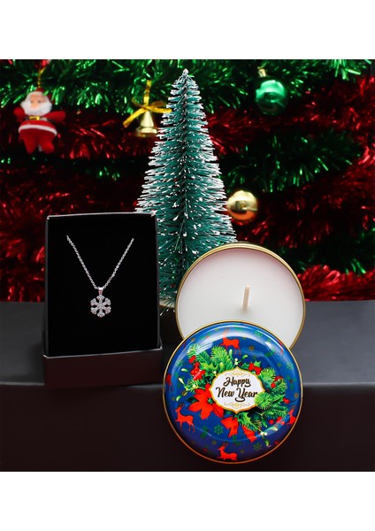 Kar Tanesi Kolye & Yılbaşı Temalı Metal Kutulu Mum & Yılbaşı Ağacı Seti