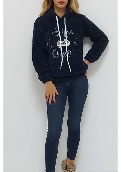 Kapüşonlu Baskılı Sweatshirt Lacivert