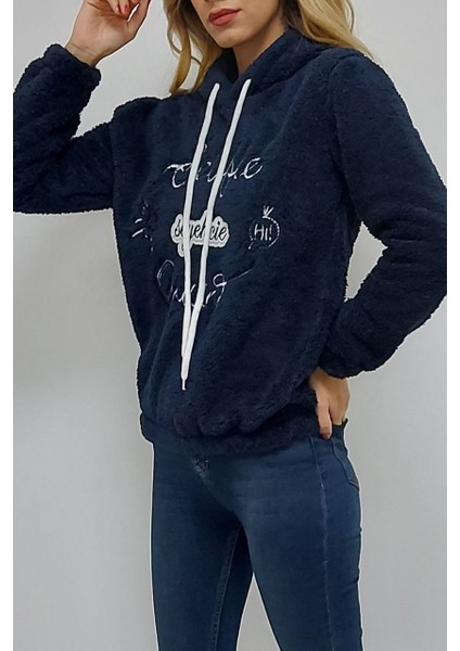 Kapüşonlu Baskılı Sweatshirt Lacivert