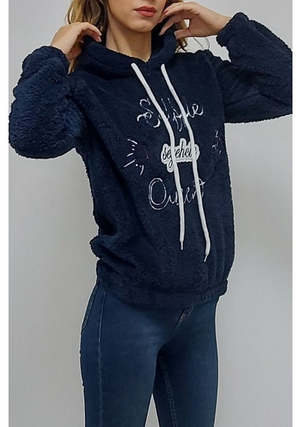 Kapüşonlu Baskılı Sweatshirt Lacivert