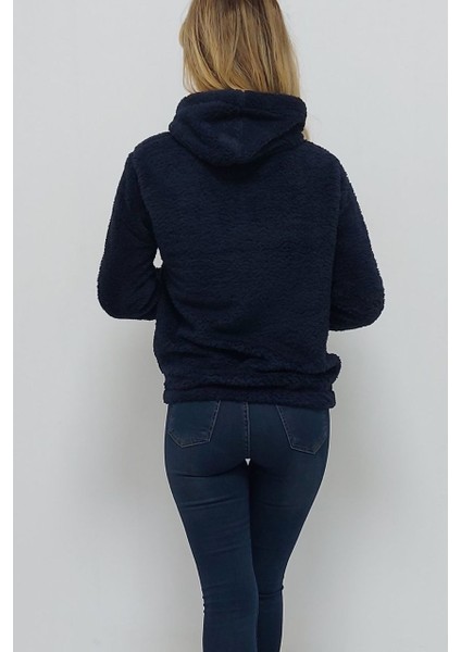 Kapüşonlu Baskılı Sweatshirt Lacivert