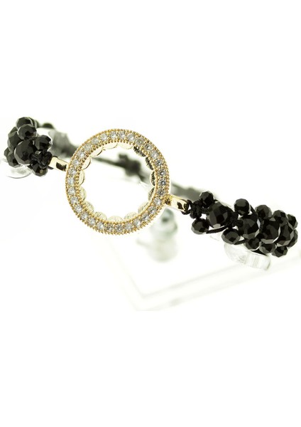 Ortası Taşlı V Model Siyah Kristalli Makrome Çeyrekli Bileklik