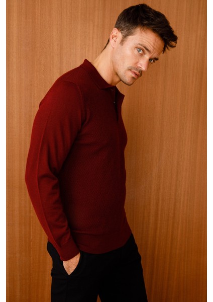 Erkek Polo Yaka Baklava Desenli Triko Kazak Bordo