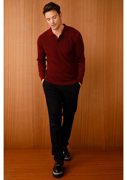 Erkek Polo Yaka Baklava Desenli Triko Kazak Bordo fiyatları