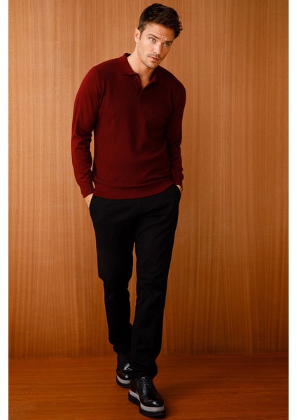 Erkek Polo Yaka Baklava Desenli Triko Kazak Bordo fırsatları