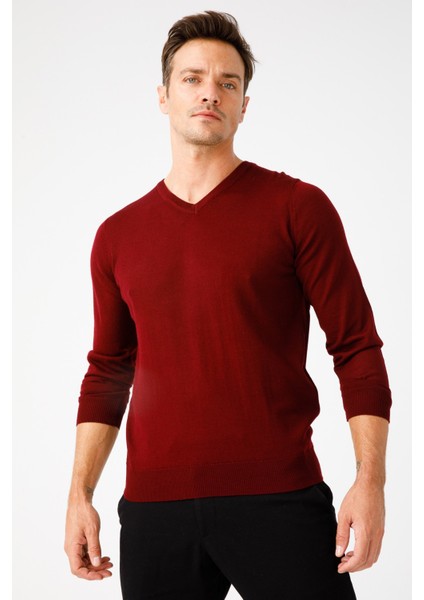 Erkek Basic V Yaka Ince Triko Kazak Bordo fiyatları