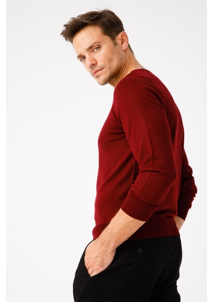 Erkek Basic V Yaka Ince Triko Kazak Bordo fırsatları