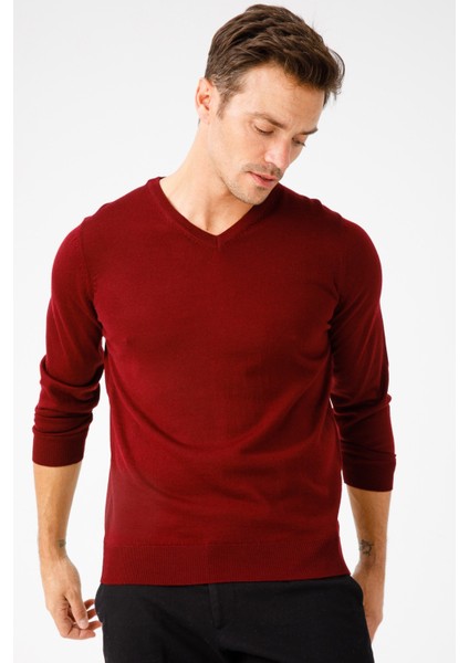 Erkek Basic V Yaka Ince Triko Kazak Bordo indirimleri