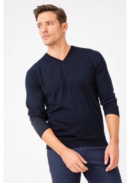 Erkek Basic V Yaka Ince Triko Kazak Koyu Lacivert fiyatları