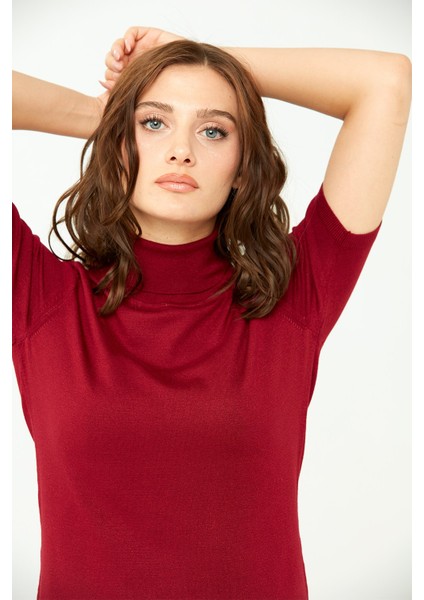 Kadın Likralı Kısa Kollu Tam Balıkçı Bluz Vişne