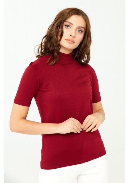 Kadın Likralı Kısa Kollu Tam Balıkçı Bluz Vişne modelleri