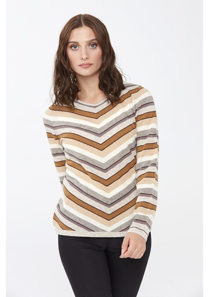 Kadın Çizgili Sıfır Yaka Kazak V.bej fiyatları