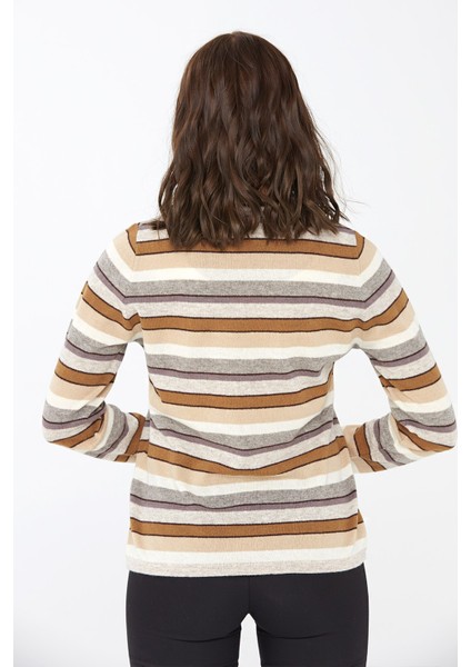 Kadın Çizgili Sıfır Yaka Kazak V.bej indirimleri