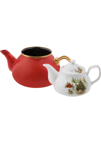 Christmas Kırmızı Emaye Midi Çaydanlık Takımı fiyatları