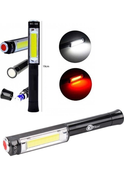 El Feneri Cob LED Kırmızı Flaşörlü Pilli 5W Mıknatıslı Onstar-Q5